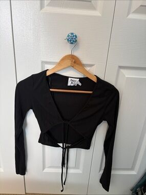 Princess Polly Black Ribbed Tie-Front Long Sleeve Crop Top